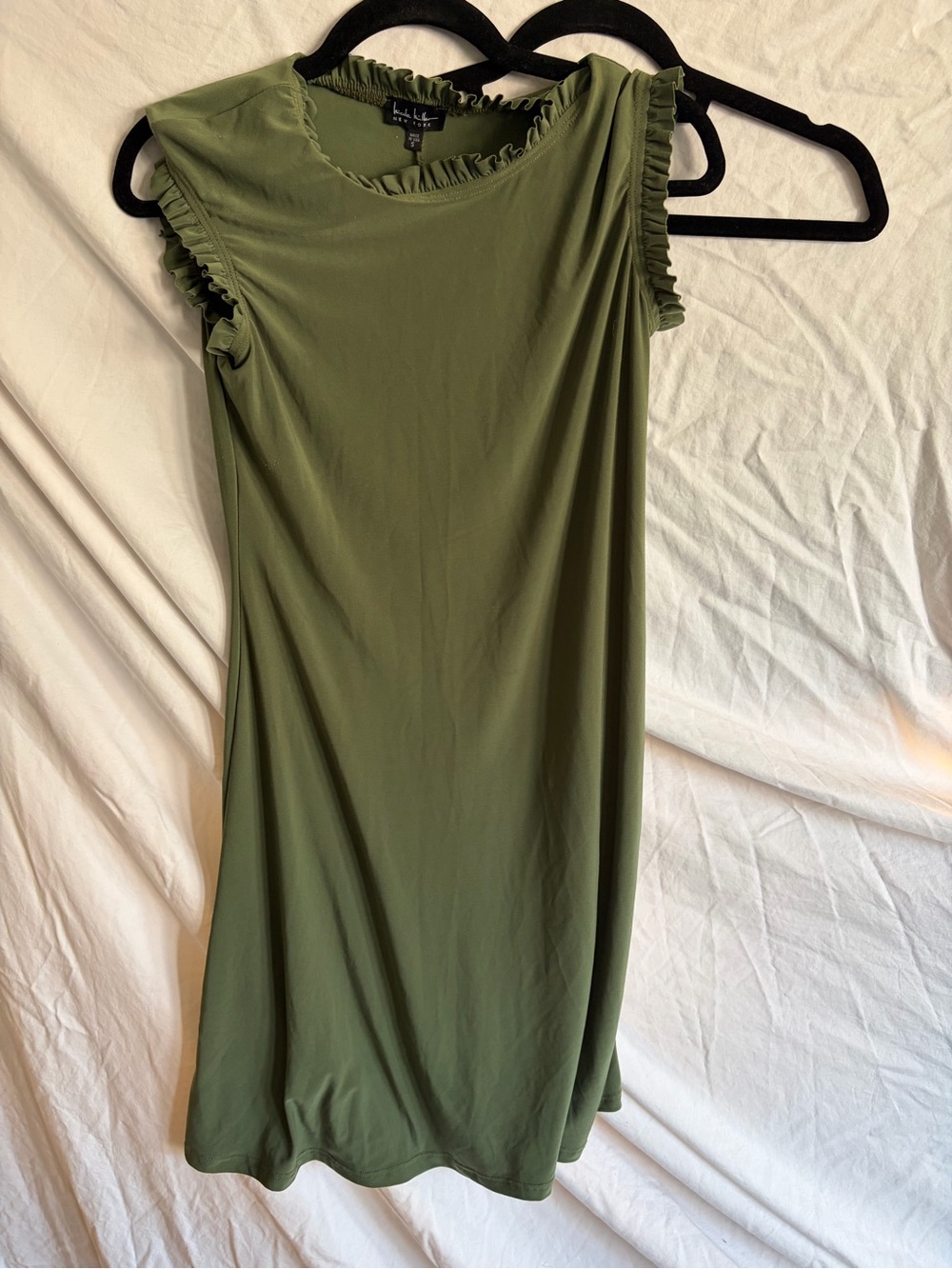 Nicole Miller Olive Green Ruffle-Trim Midi Dress